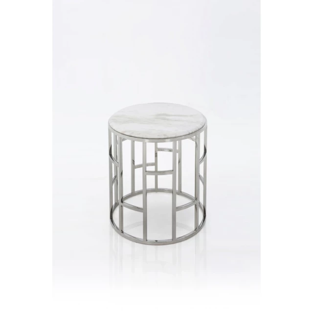 Round geometric end table with cylinder and rectangle shapes in metal and glass