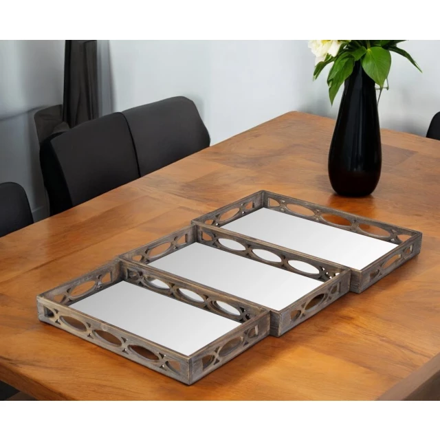 geo cut wood handmade tray handles on table with tableware and hardwood flooring