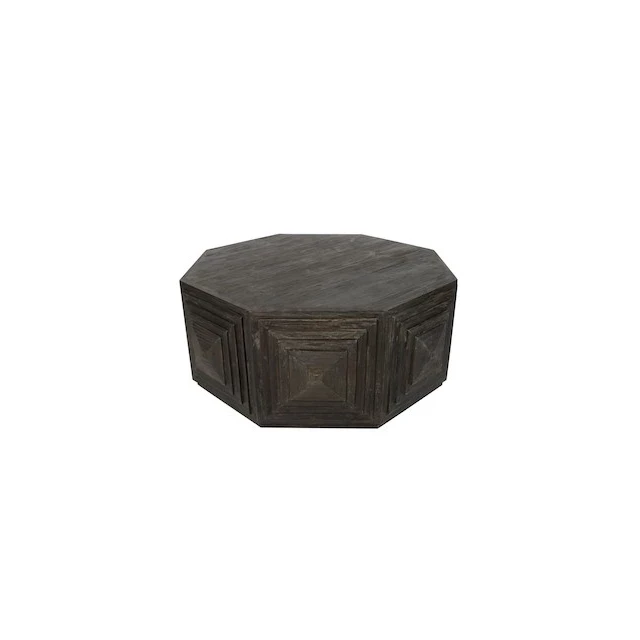 Deep brown octagonal coffee table with hardwood and metal details