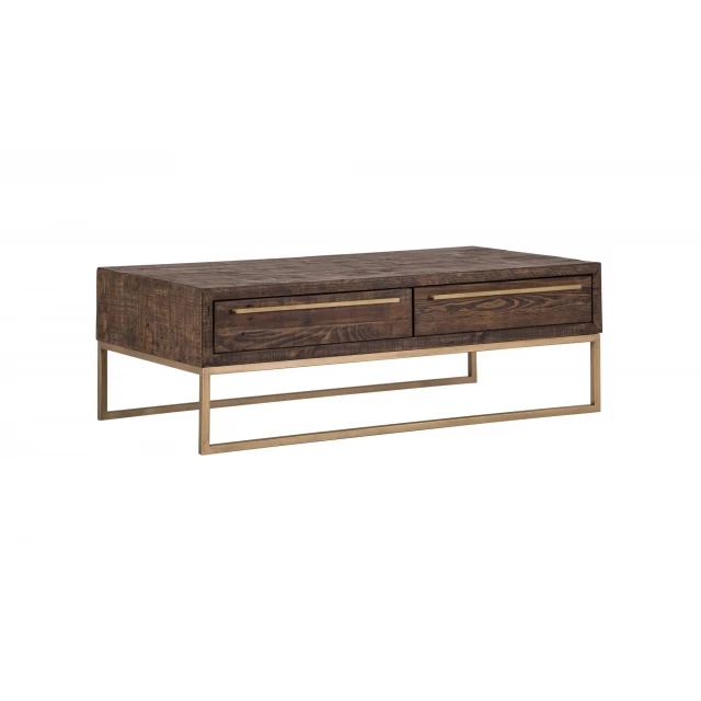 Brown gold metal coffee table with drawer and wood plank design