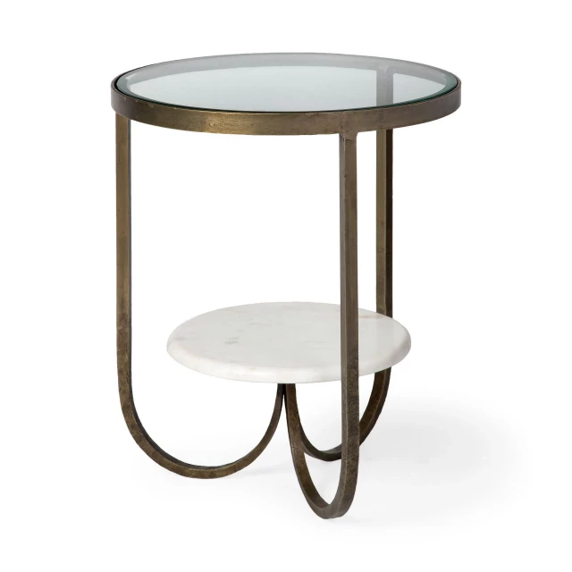 Metal side table with marble shelf designed for both indoor and outdoor use