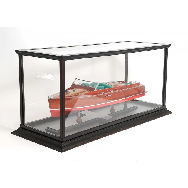 display case speed boat in transparent glass and metal frame with shade