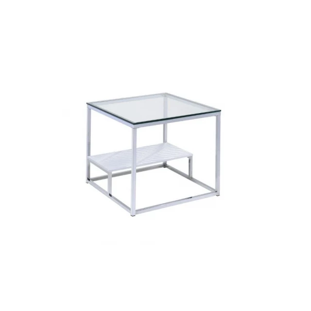 Clear glass square end table with shelf and metal legs