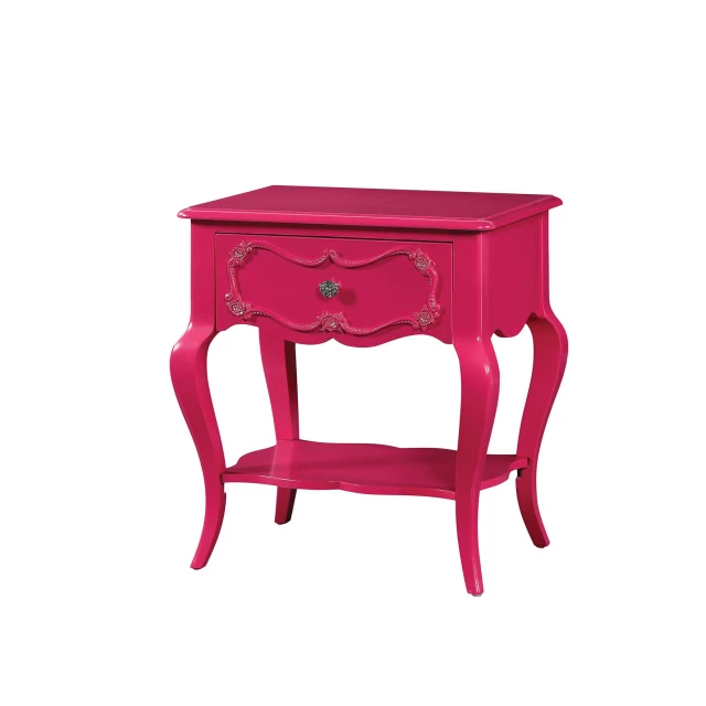Magenta pine wood nightstand with rectangle tabletop and wood stain finish