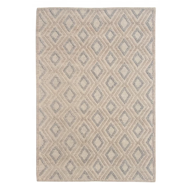 gray brown geometric dhurrie area rug with beige and brown pattern on wood flooring