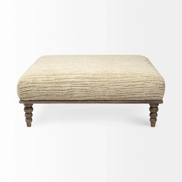 Cream brown upholstered cotton blend bench with hardwood legs