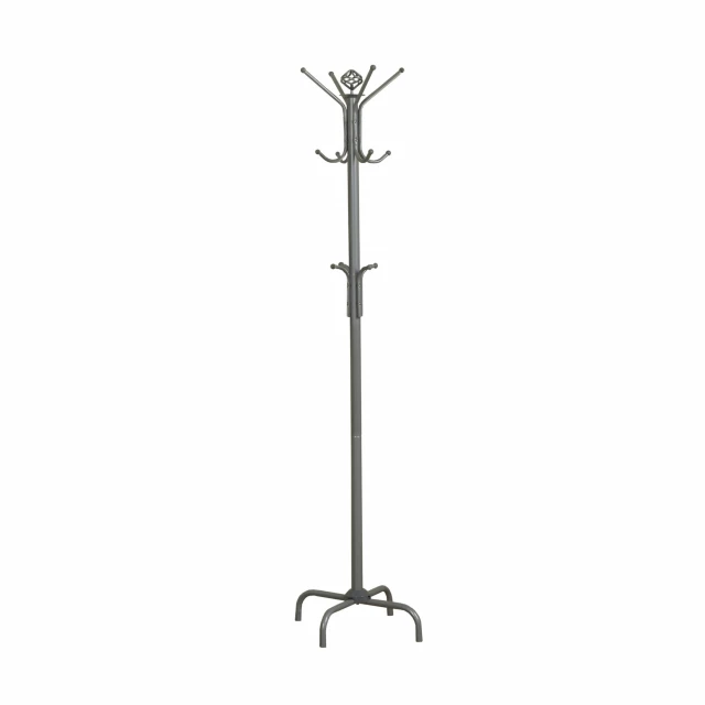 silver metal coat rack with light fixture and pole