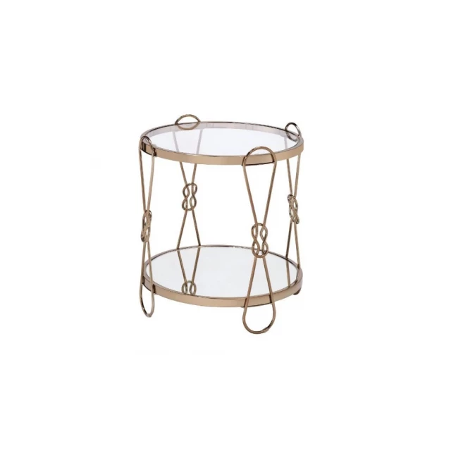 Mirrored metal round end table with shelf for modern furniture decor
