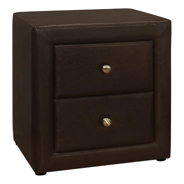 Brown faux leather drawer nightstand with wood accents and metal handles
