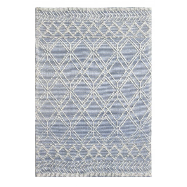 blue ivory geometric dhurrie area rug with aqua and electric blue symmetrical pattern