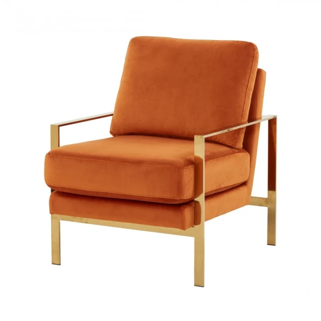 Stylish orange gold accent chair with hardwood armrests and comfortable rectangle cushion