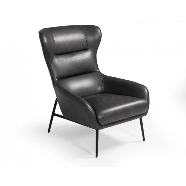 Black faux leather tufted arm chair with armrests and wood accents in a comfortable club chair design