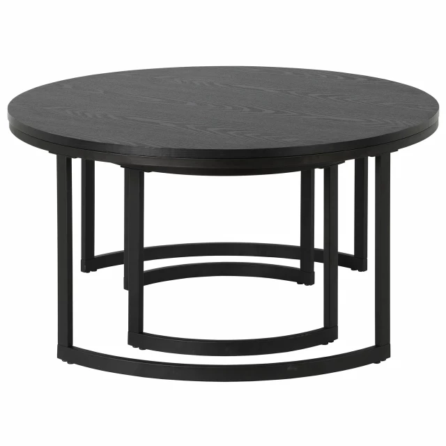 Black steel round nested coffee tables in a modern outdoor furniture setting