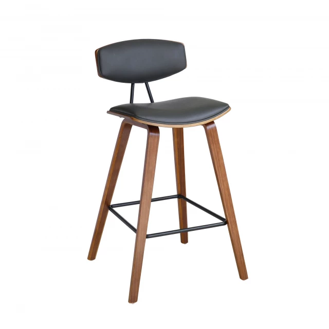 Low back counter height bar chair in wood and metal with electric blue accent
