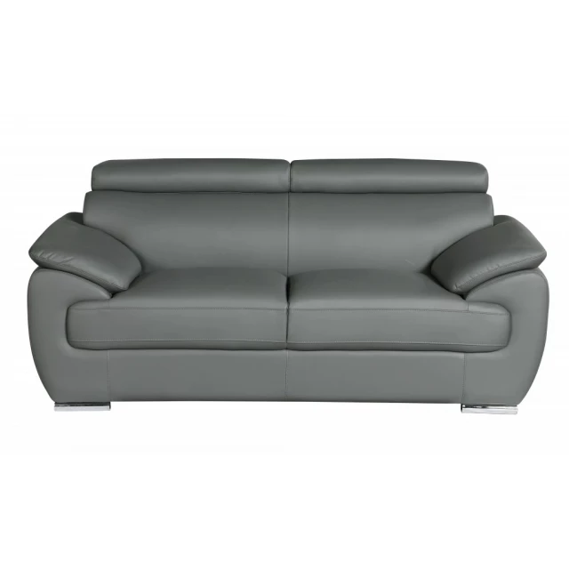 Gray silver faux leather love seat with armrests and comfortable rectangle studio couch design
