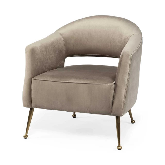 taupe brass velvet arm chair with comfortable armrests and hardwood flooring