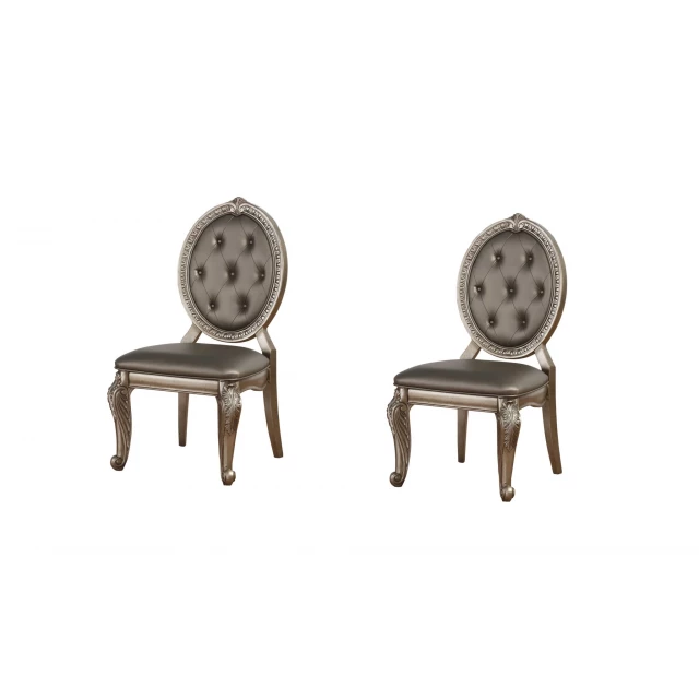Upholstered faux leather dining side chairs with wood and metal elements