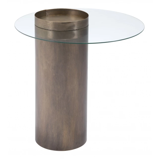 Contemporary antique gold end table with metal accents and cylinder shapes