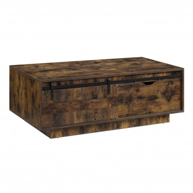 Melamine veneer coffee table with drawer and shelf against wood-stained background