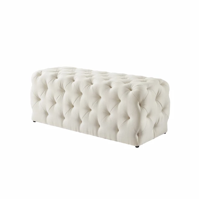 Cream black upholstered linen bench with comfortable rectangle seating and elegant metal legs