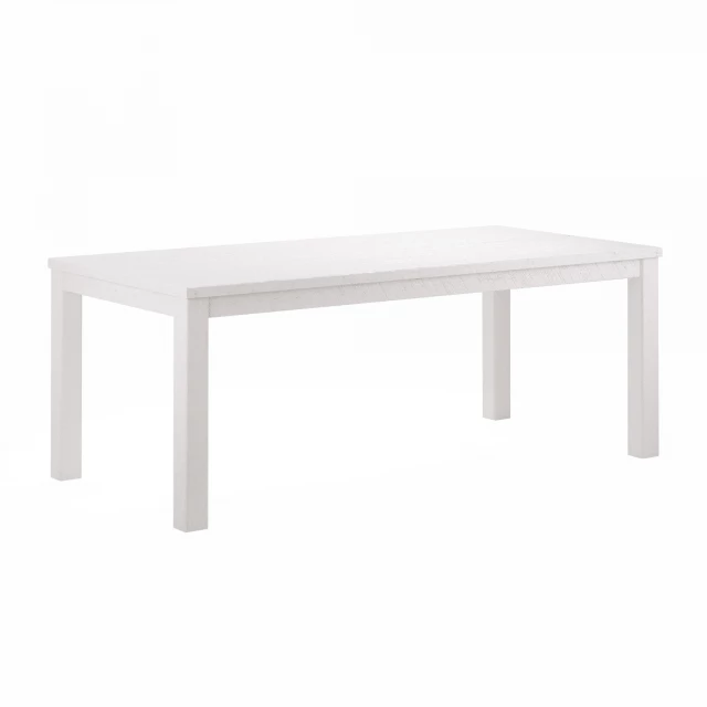 White solid wood dining table in rectangle shape with hardwood and wood stain finish