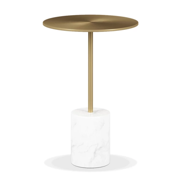 Gold steel round pedestal end table with wood accents and glass top for interior design