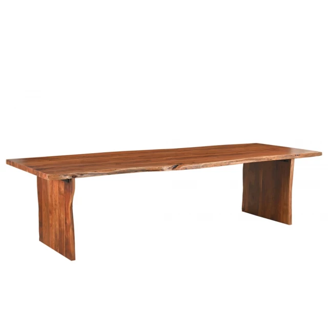 Brown natural solid wood dining bench with varnish finish and plank details