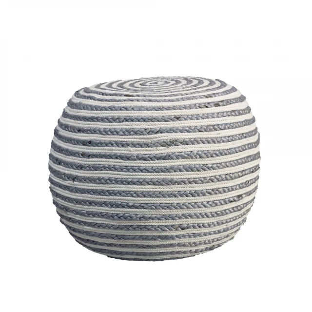 Gray jute ottoman with textured finish and circular design elements