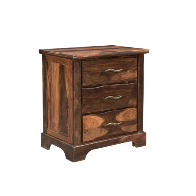 Dark brown solid wood nightstand with drawers and varnished finish