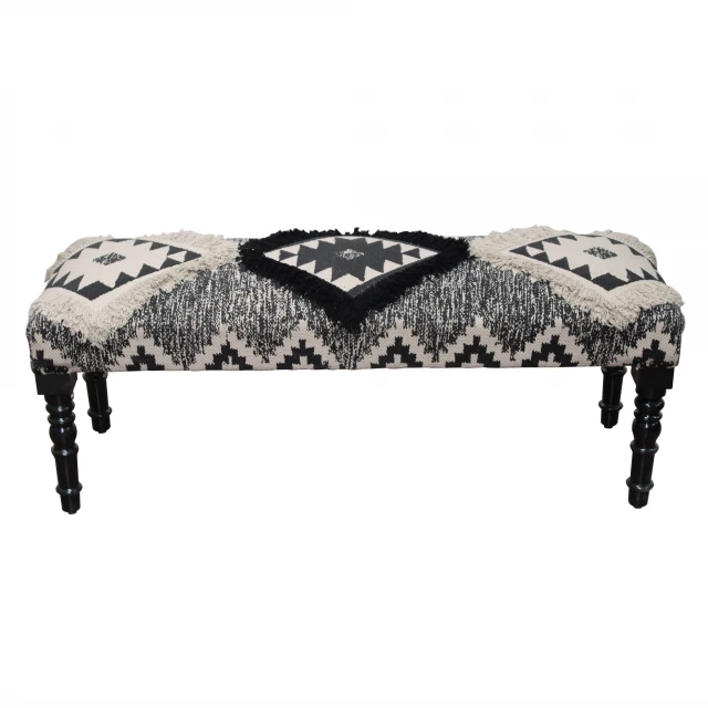 White black leg southwest upholstered bench with outdoor furniture style elements