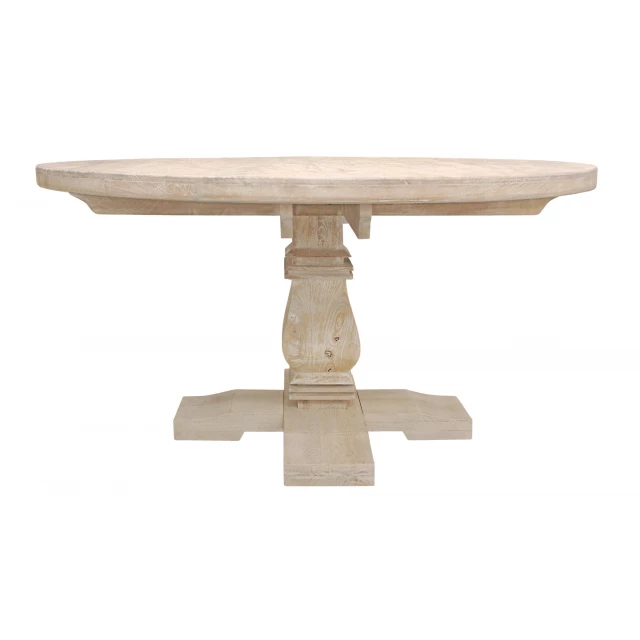 Brown rounded solid wood dining table furniture piece with pedestal base