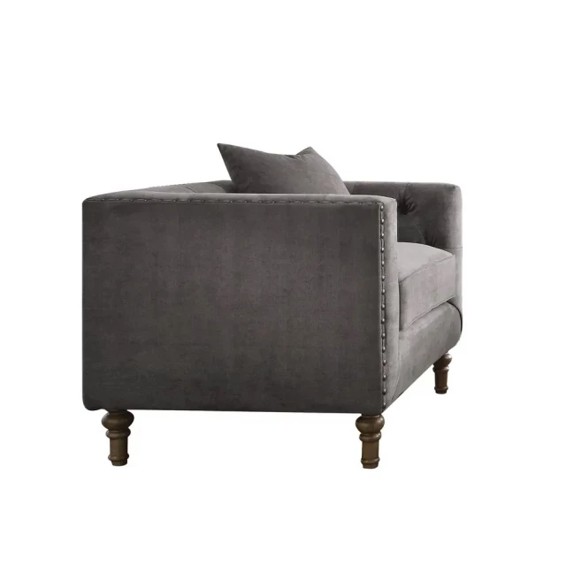 Gray brown velvet tufted arm chair with wood armrests and comfortable rectangle backrest