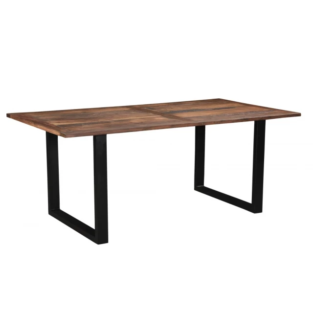 Black solid wood metal dining table with rectangle shape and hardwood plank design