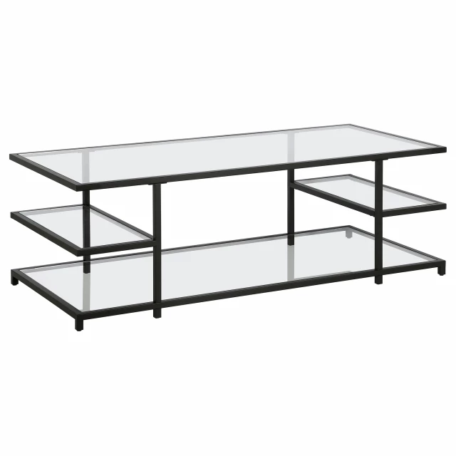 Black glass steel coffee table with shelves and modern rectangle design