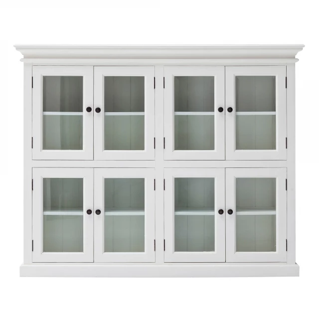 Classic white level mega storage cabinet with shelving wood doors and beige facade