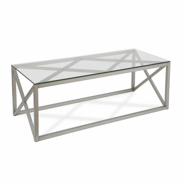 Silver glass steel coffee table with metal frame and transparent top for modern outdoor furniture