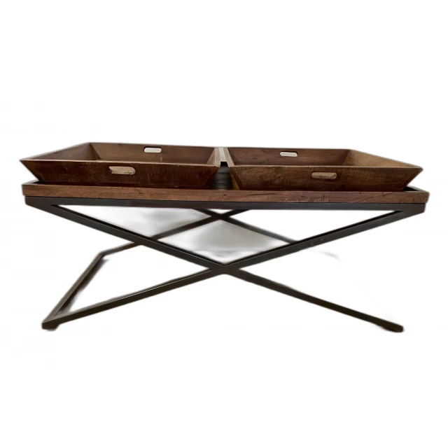 x leg wood tray coffee table in a cozy outdoor furniture setting