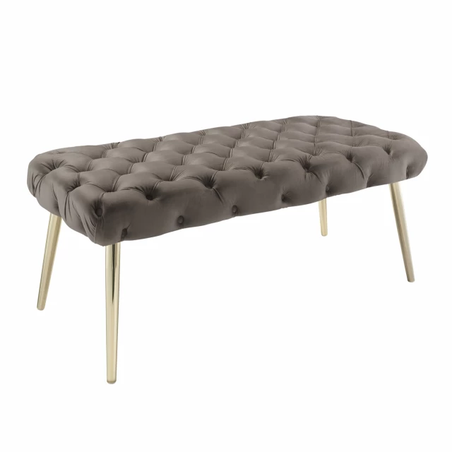 Taupe gold upholstered velvet bench with metal legs and comfortable seating for home decor