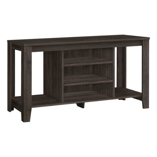 Brown open shelving TV stand in hardwood with wood stain finish and plank details