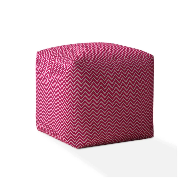 Pink cotton chevron pouf cover on table with magenta accent
