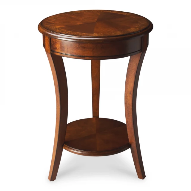 Round manufactured wood end table with shelf and varnish finish
