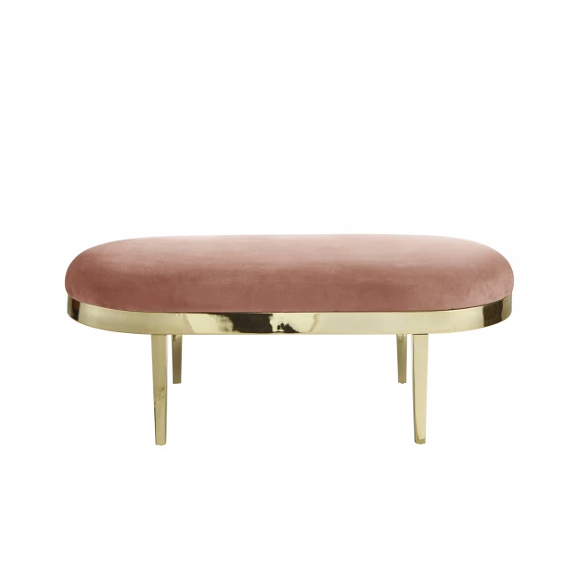 Blush gold upholstered velvet bench with wood stain and comfortable rectangle seat design