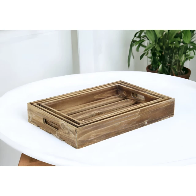 brown rectangular wood handmade tray with handles for tableware and serveware