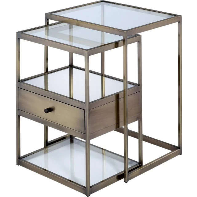 Clear glass mirrored end table with shelving and wood accents