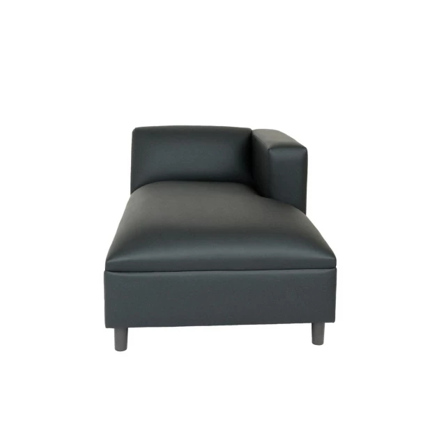 Black faux leather lounge chair with wood armrests and comfortable rectangle design for modern home decor