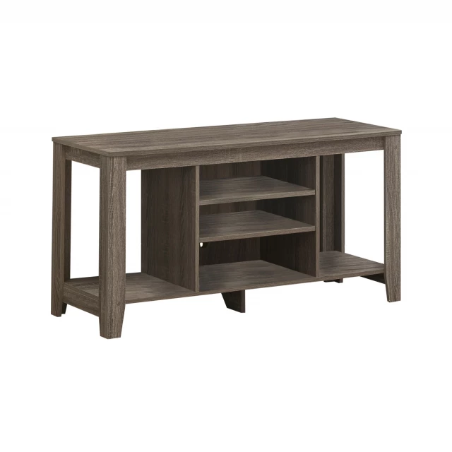 Dark taupe particle board TV stand with shelves and wood stain finish