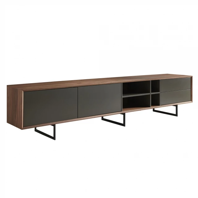 Gray open shelving TV stand in a modern furniture style with wood finish and rectangular shape