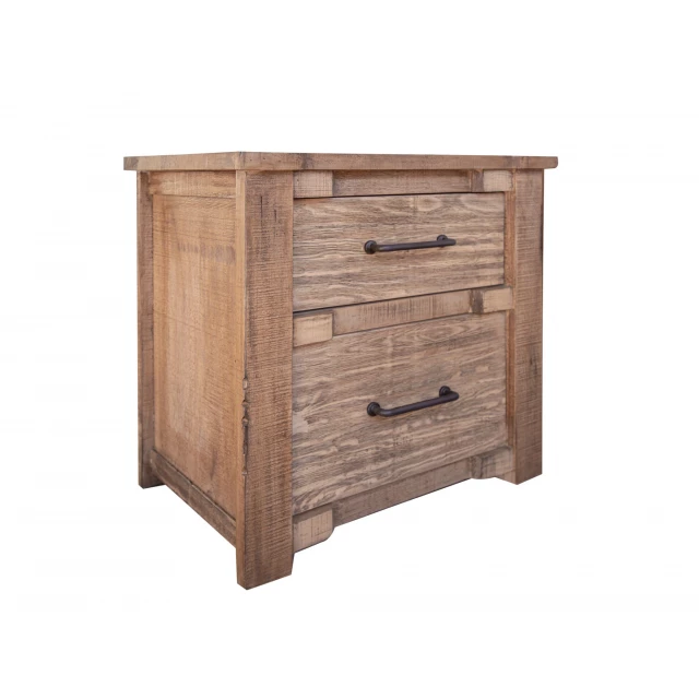 Brown wooden nightstand with drawers and varnish finish