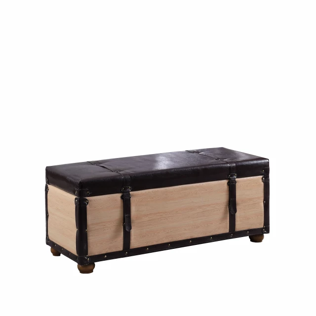 Brown upholstered faux leather bench with flip-top design for stylish seating and storage