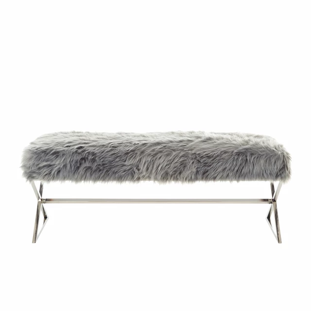 Gray silver upholstered faux fur bench with woolen texture for home decor